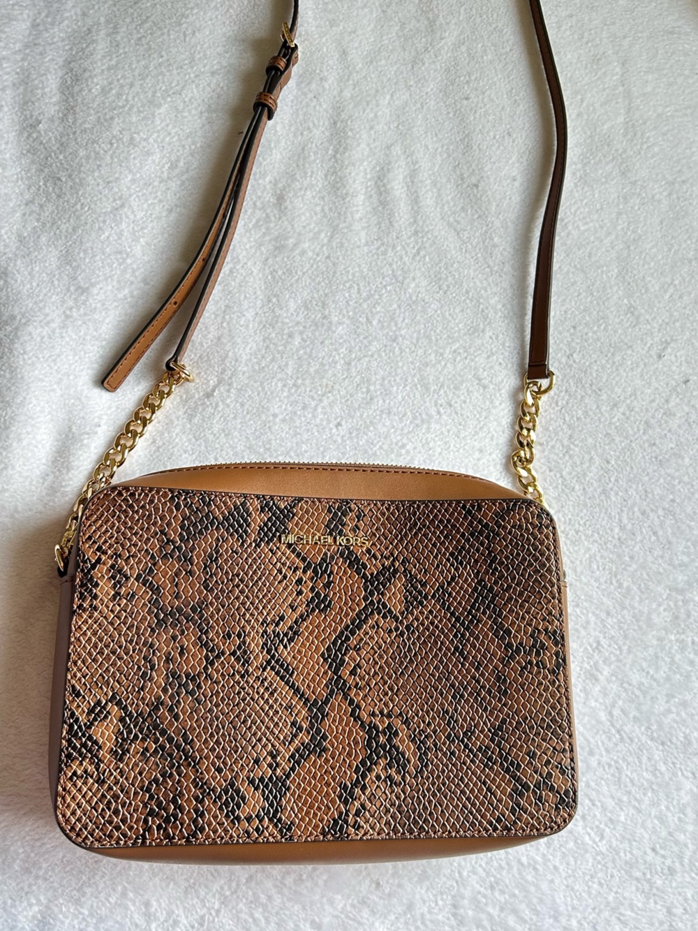 Michael Kors Tan Brown Snake-Print Crossbody with Gold Chain
